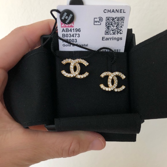 CHANEL Jewelry - ❌SOLD❌CHANEL 20A Gold & Crystal Stud Logo Earrings